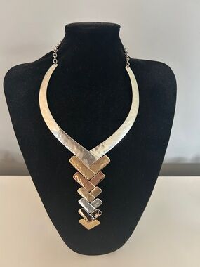 Hammered Two-Tone V-Front Chevron Necklace - Silver & Gold